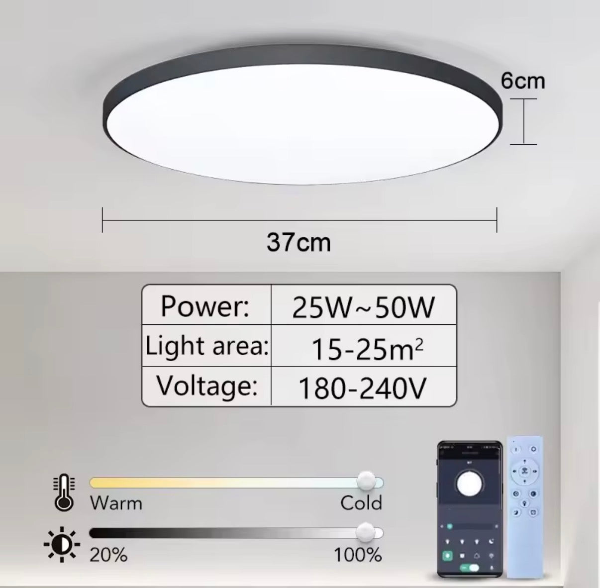 Lámpara de techo LED inteligente regulable con control remoto y App – Moderna para dormitorio y sala de estar (50W, 220V)