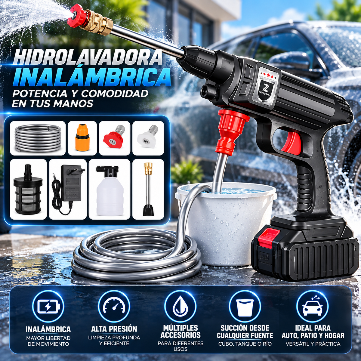 Pistola de agua a presión inalámbrica 1500W 30 bar – Limpieza potente para coche, jardín y hogar