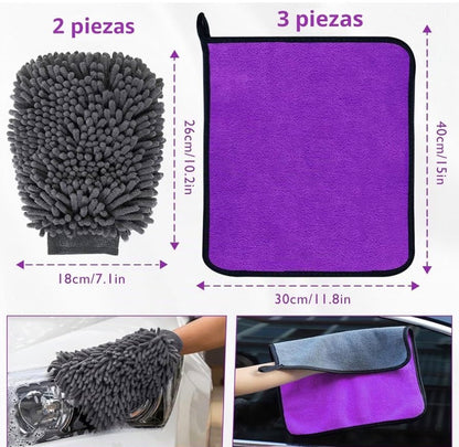 Juego de 5 Piezas de Microfibra 600 g/m² para Lavado y Secado del Coche