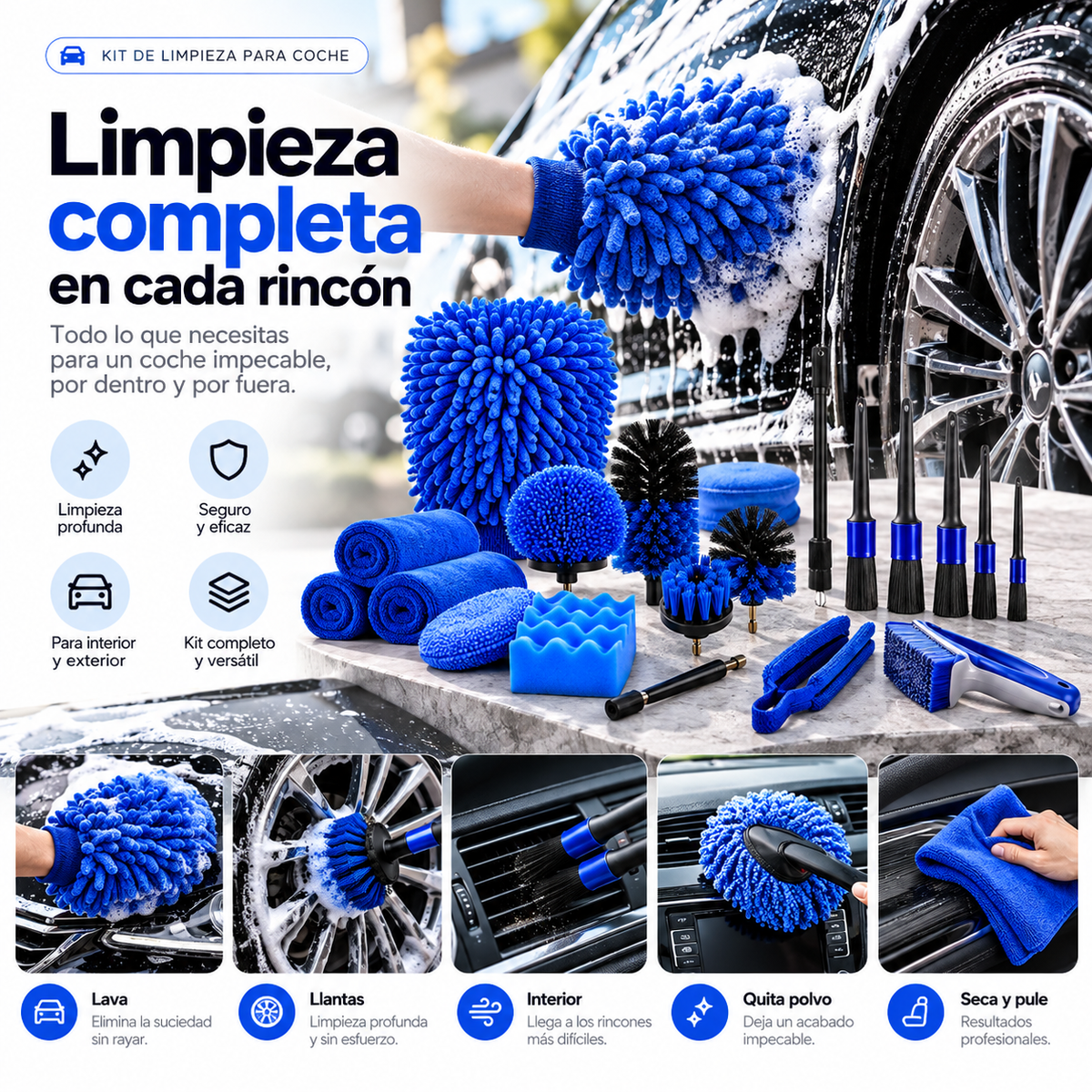 Kit de Lavado de Coche 27 Piezas Profesional – Accesorios de Limpieza Completo para Automóvil, Cepillos, Esponjas y Herramientas Detailing