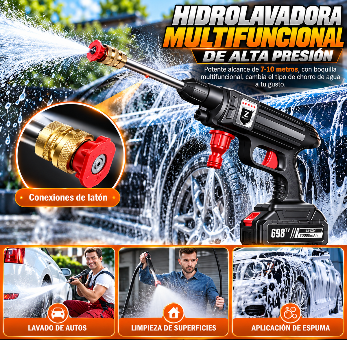 Pistola de agua a presión inalámbrica 1500W 30 bar – Limpieza potente para coche, jardín y hogar