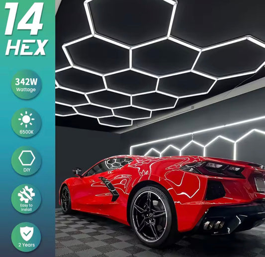 Luz Hexagonal LED Garaje | Iluminación Profesional Taller 14 Paneles