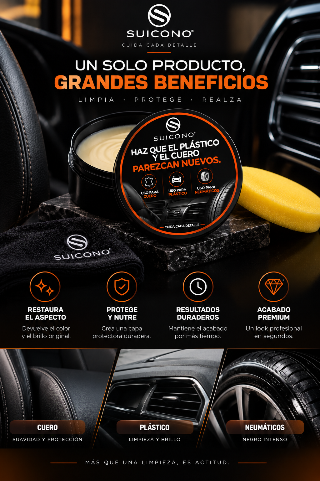 SUICONO | Restaurador de Plástico, Cuero y Neumáticos para Coche