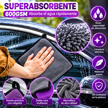Juego de 5 Piezas de Microfibra 600 g/m² para Lavado y Secado del Coche