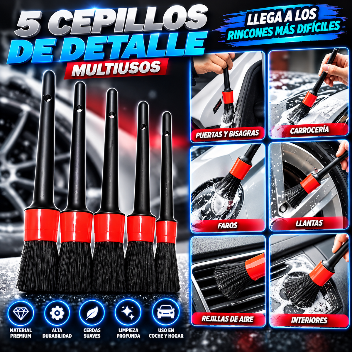 Kit 5 Cepillos de Detailing para Coche | Limpieza Profunda Interior, Llantas y Rejillas