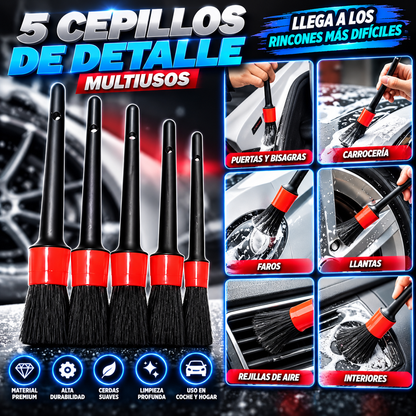 Kit 5 Cepillos de Detailing para Coche | Limpieza Profunda Interior, Llantas y Rejillas