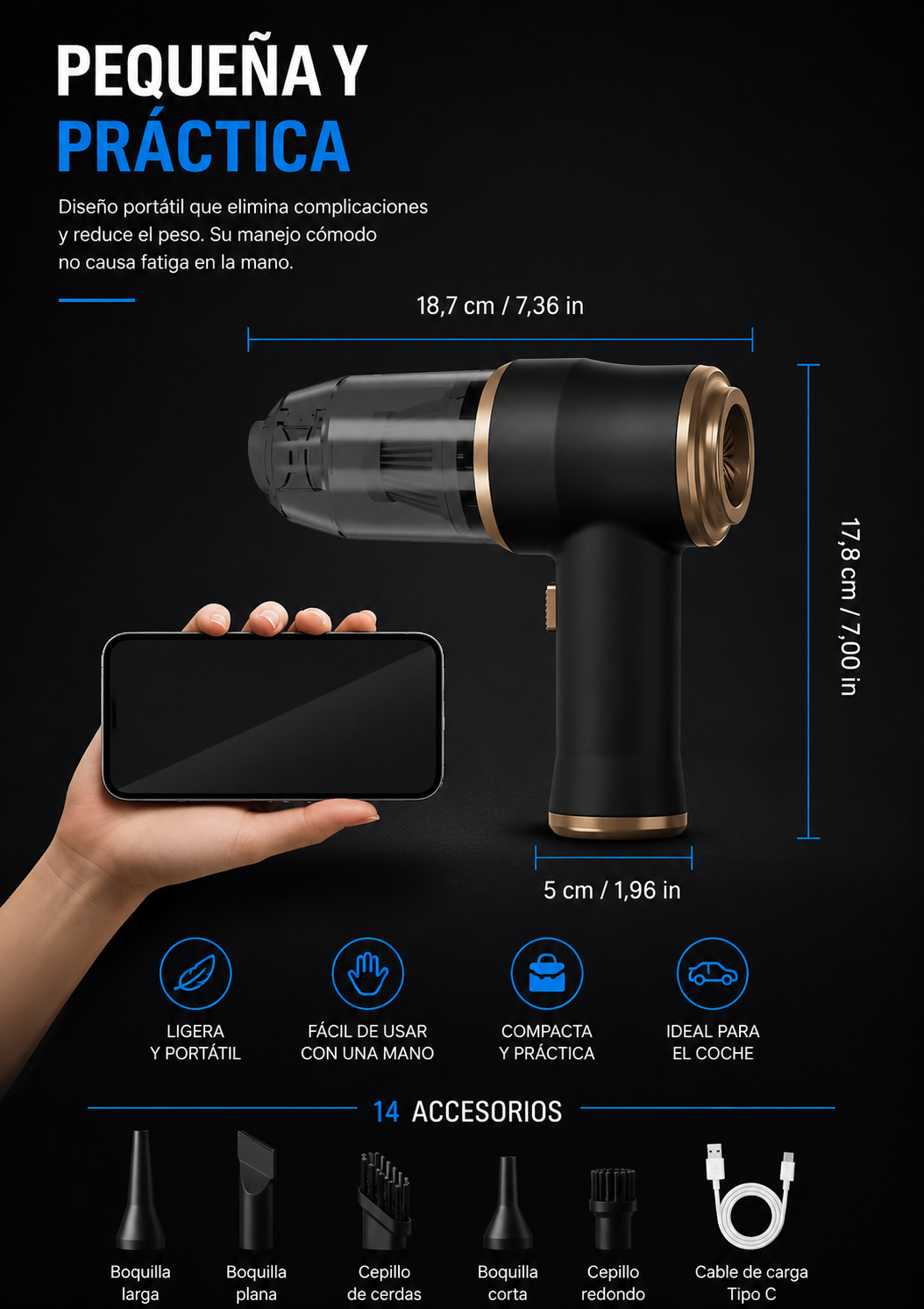 SUICONO® Aspiradora para Coche Inalámbrica – Potente y Portátil