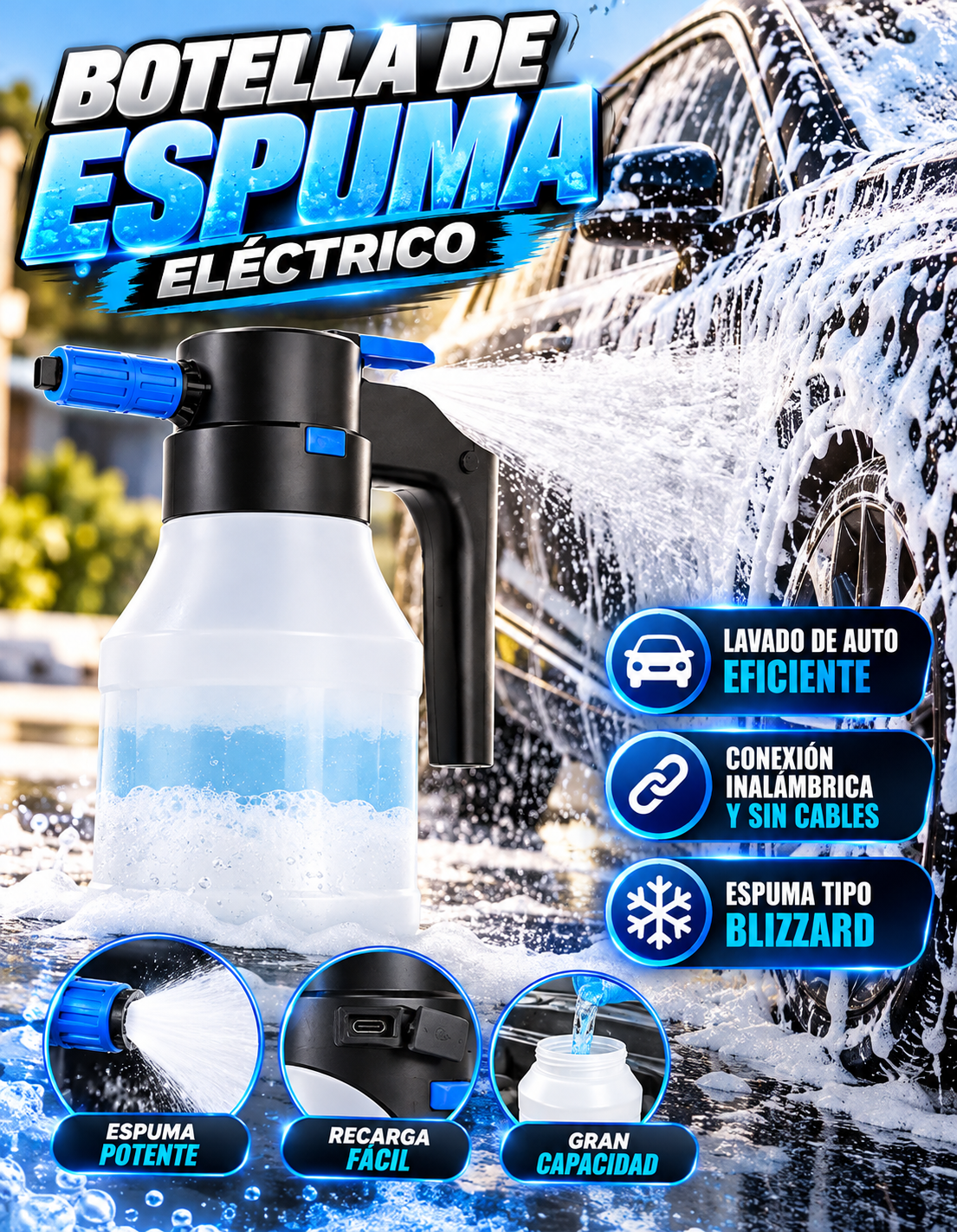 Pulverizador de Espuma Eléctrico 1,5L para Coche | Cañón de Espuma