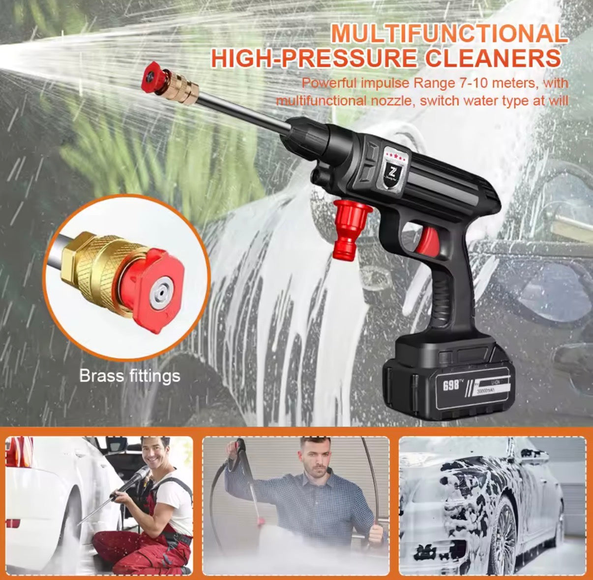 Pistola de agua a presión inalámbrica 1500W 30 bar – Limpieza potente para coche, jardín y hogar