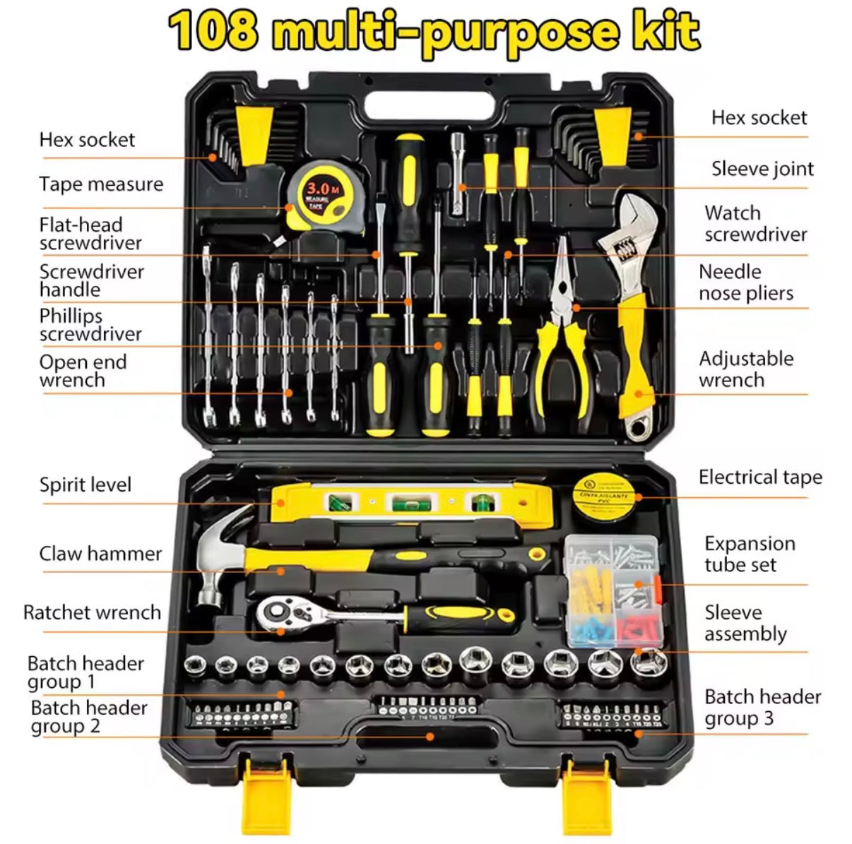 Kit de herramientas 108 piezas organizado en maletín resistente con llaves, destornilladores y accesorios
