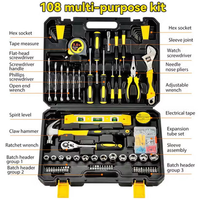Kit de herramientas 108 piezas organizado en maletín resistente con llaves, destornilladores y accesorios