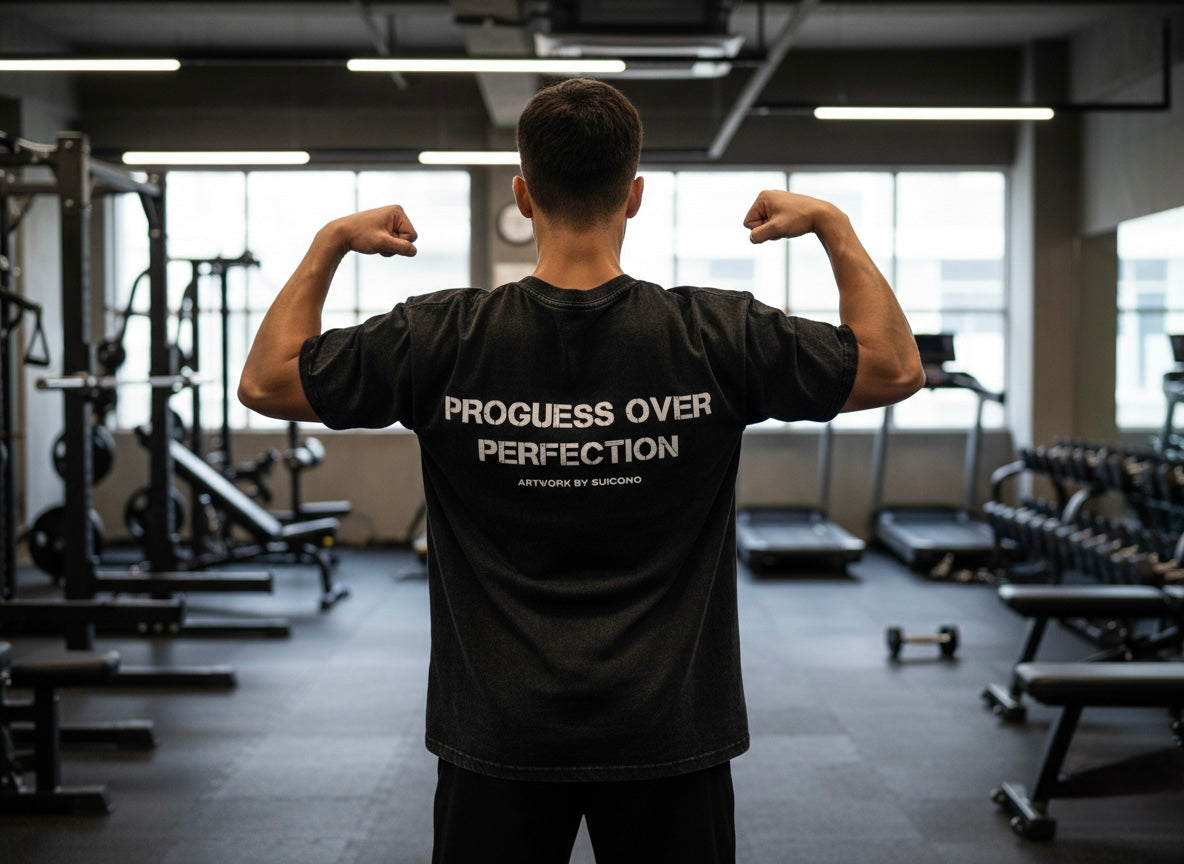Camiseta Oversize Negra "Progress Over Perfection" | Suicono