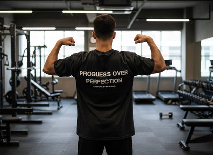 Camiseta Oversize Negra "Progress Over Perfection" | Suicono
