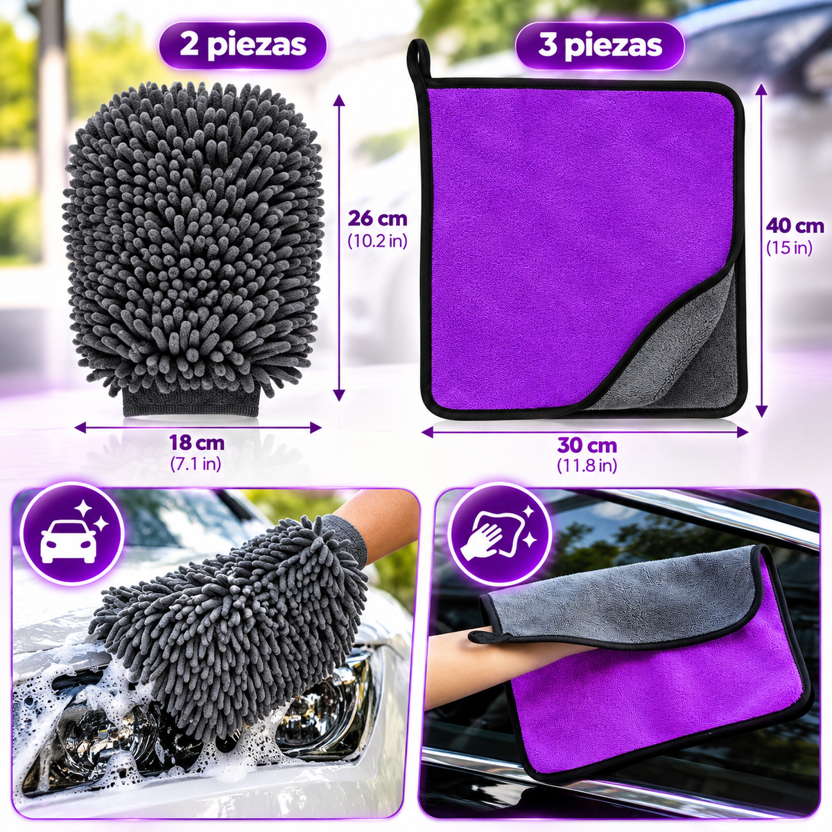 Juego de 5 Piezas de Microfibra 600 g/m² para Lavado y Secado del Coche