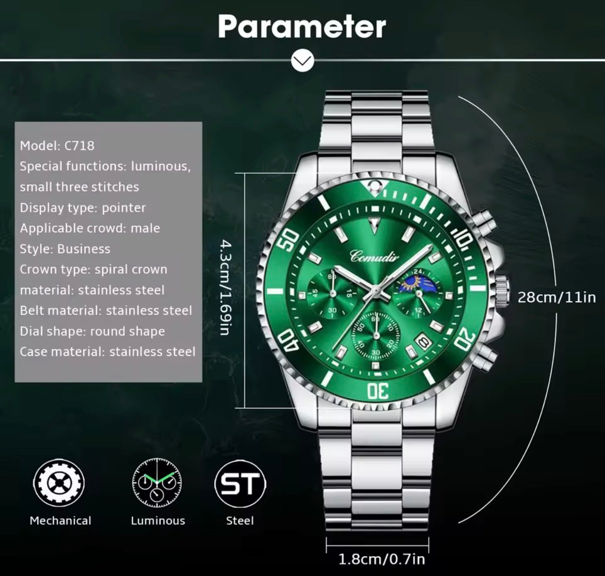 Reloj Cronógrafo Hombre Acero Inoxidable | Resistente al Agua y Luminoso