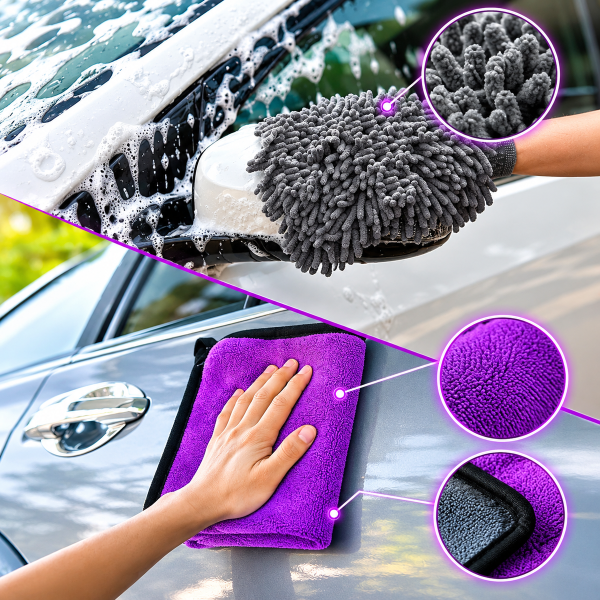 Juego de 5 Piezas de Microfibra 600 g/m² para Lavado y Secado del Coche