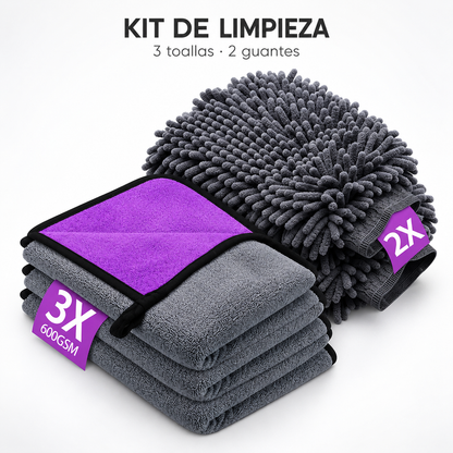 Juego de 5 Piezas de Microfibra 600 g/m² para Lavado y Secado del Coche