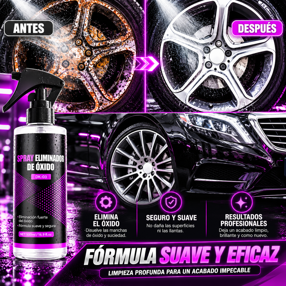 Eliminador de Partículas de Hierro para Coche | Limpiador de Llantas y Quita Óxido(300ml)