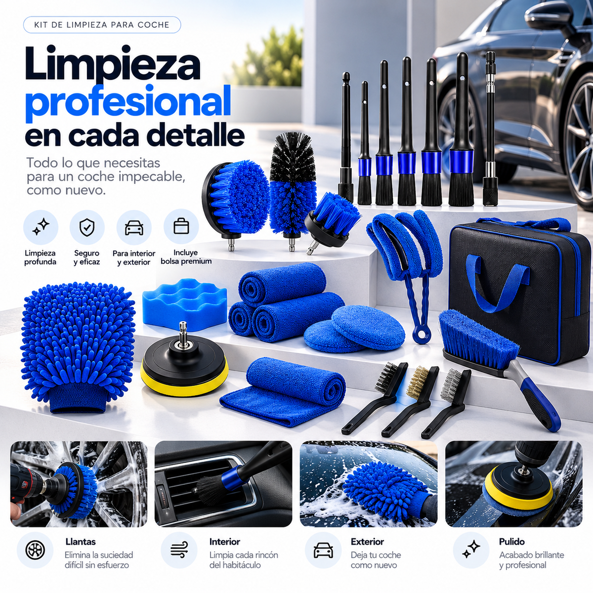 Kit de Lavado de Coche 27 Piezas Profesional – Accesorios de Limpieza Completo para Automóvil, Cepillos, Esponjas y Herramientas Detailing