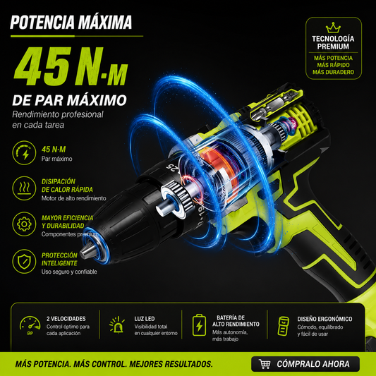Taladro Atornillador Inalámbrico 32 Nm con 2 Baterías y Accesorios