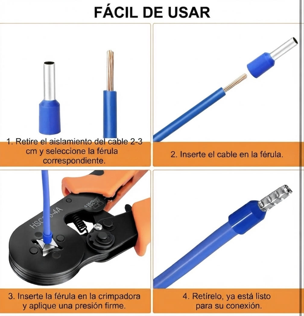 Alicates de Crimpado Autoajustables 0,25-10 mm² con 1250 Punteras de Cable