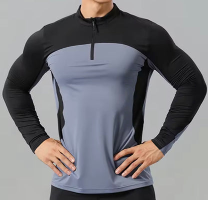 Camiseta masculina con cremallera frontal y cuello levantado para actividades al aire libre