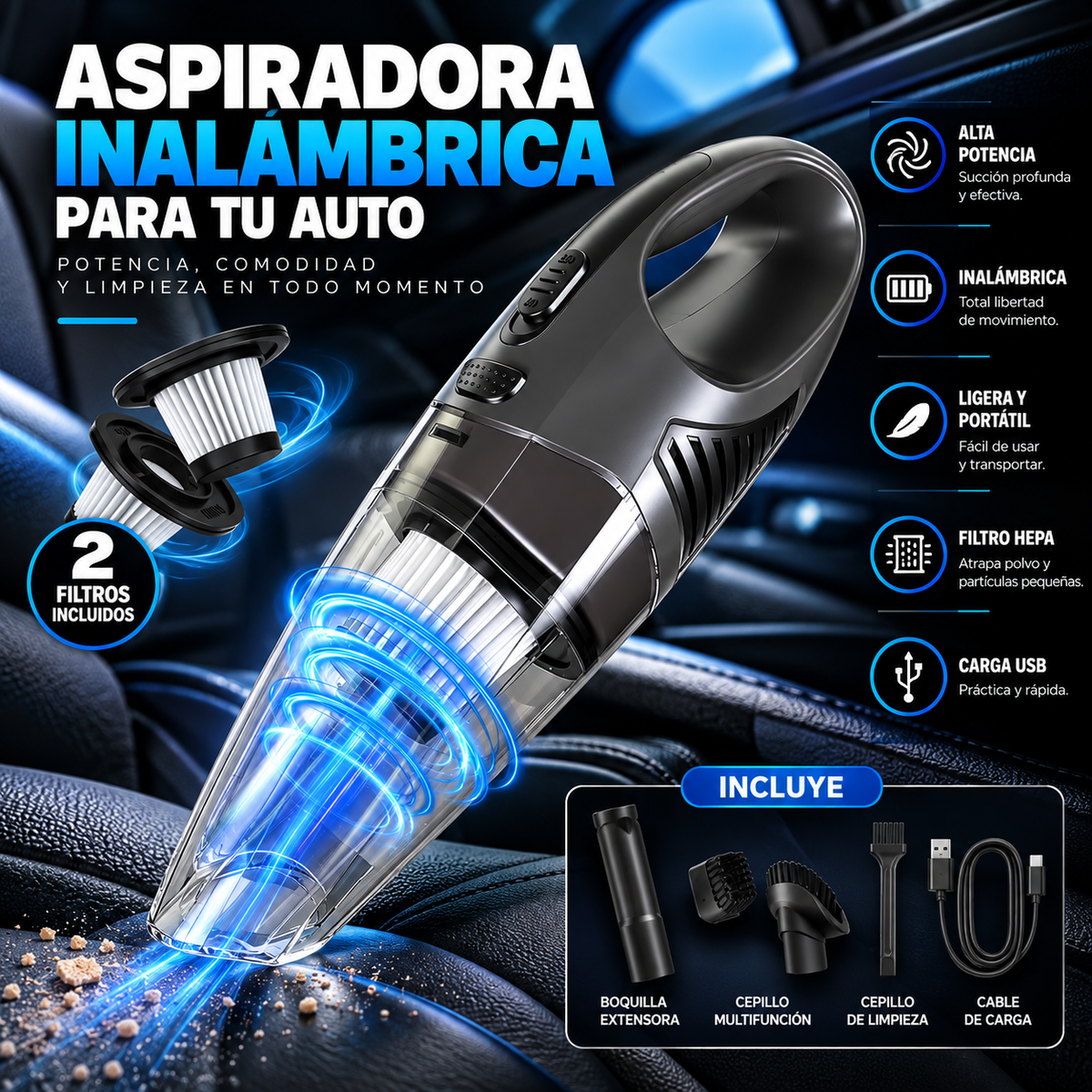 Aspirador de Mano Sin Cable para Coche y Hogar | Mini Aspiradora Portátil Recargable de Alta Potencia