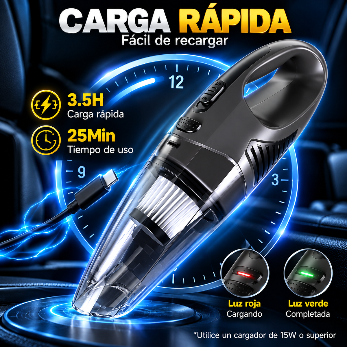 Aspirador de Mano Sin Cable para Coche y Hogar | Mini Aspiradora Portátil Recargable de Alta Potencia