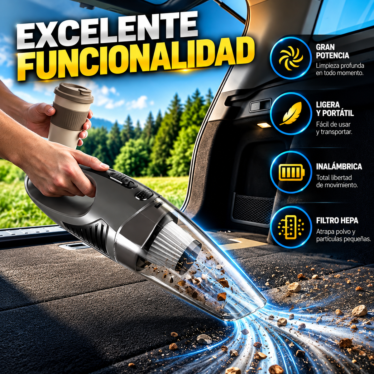 Aspirador de Mano Sin Cable para Coche y Hogar | Mini Aspiradora Portátil Recargable de Alta Potencia