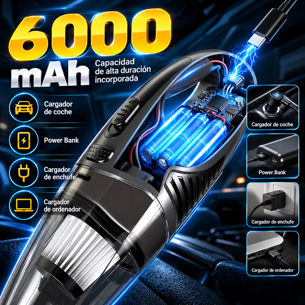 Aspirador de Mano Sin Cable para Coche y Hogar | Mini Aspiradora Portátil Recargable de Alta Potencia