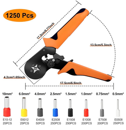 Alicates de Crimpado Autoajustables 0,25-10 mm² con 1250 Punteras de Cable