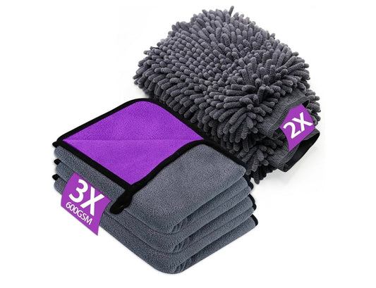 Juego de 5 Piezas de Microfibra 600 g/m² para Lavado y Secado del Coche