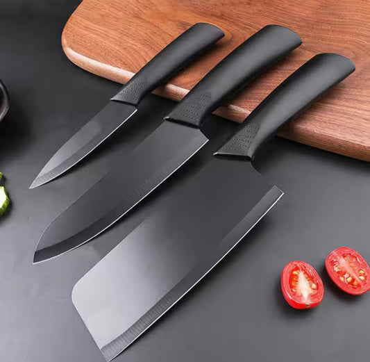 Juego de cuchillos de cocina de acero inoxidable con mango de plástico antideslizante negro