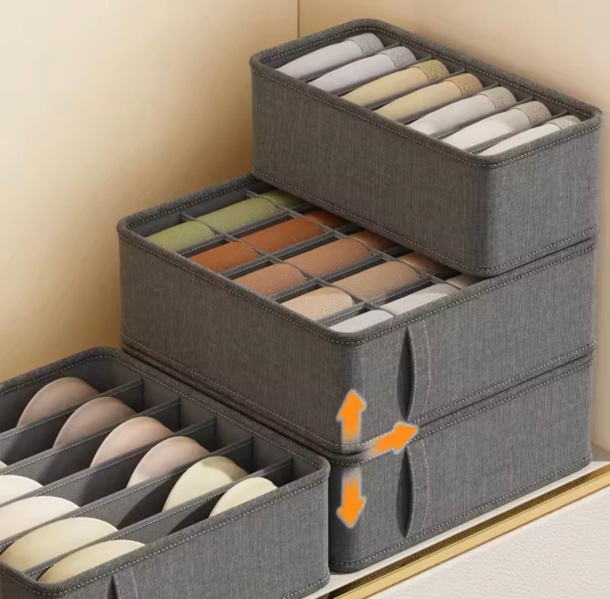 3er-Pack Aufbewahrungsboxen aus Stoff für Unterwäsche in Schränken und Schubladen.