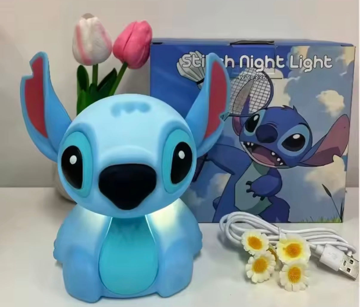 Lámpara nocturna Stitch Kawaii USB táctil – Luz suave decorativa Azul