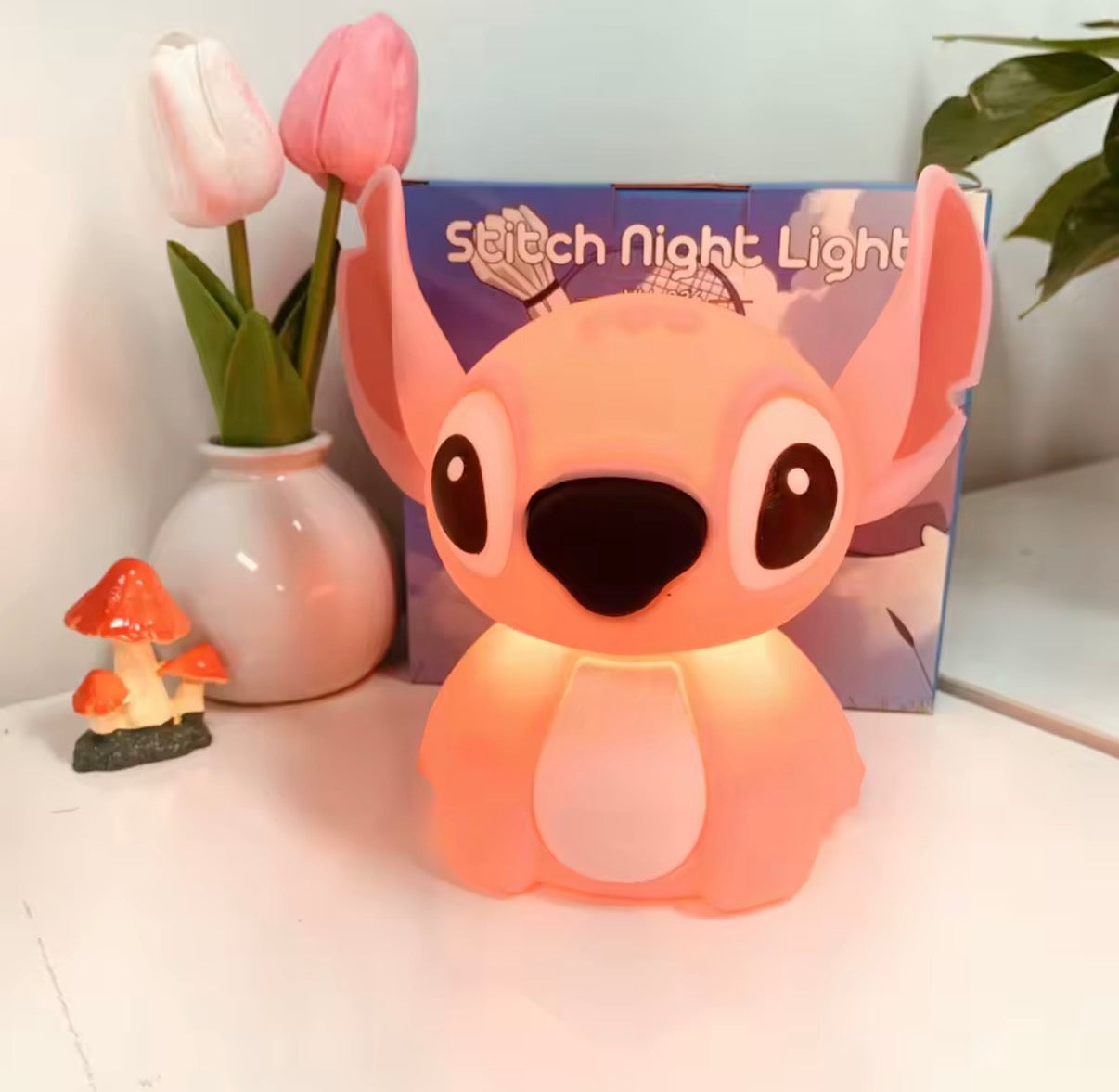 Lámpara nocturna Stitch Kawaii USB táctil – Luz suave decorativa Rosa