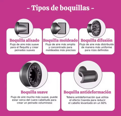 Resultado final de cabello brillante, sin frizz y protegido con secador iónico profesional